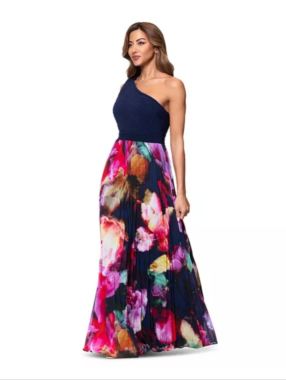 Xscape NWT One Shoulder Floral Pleated Maxi Dress Navy Pink Size 6P $279
